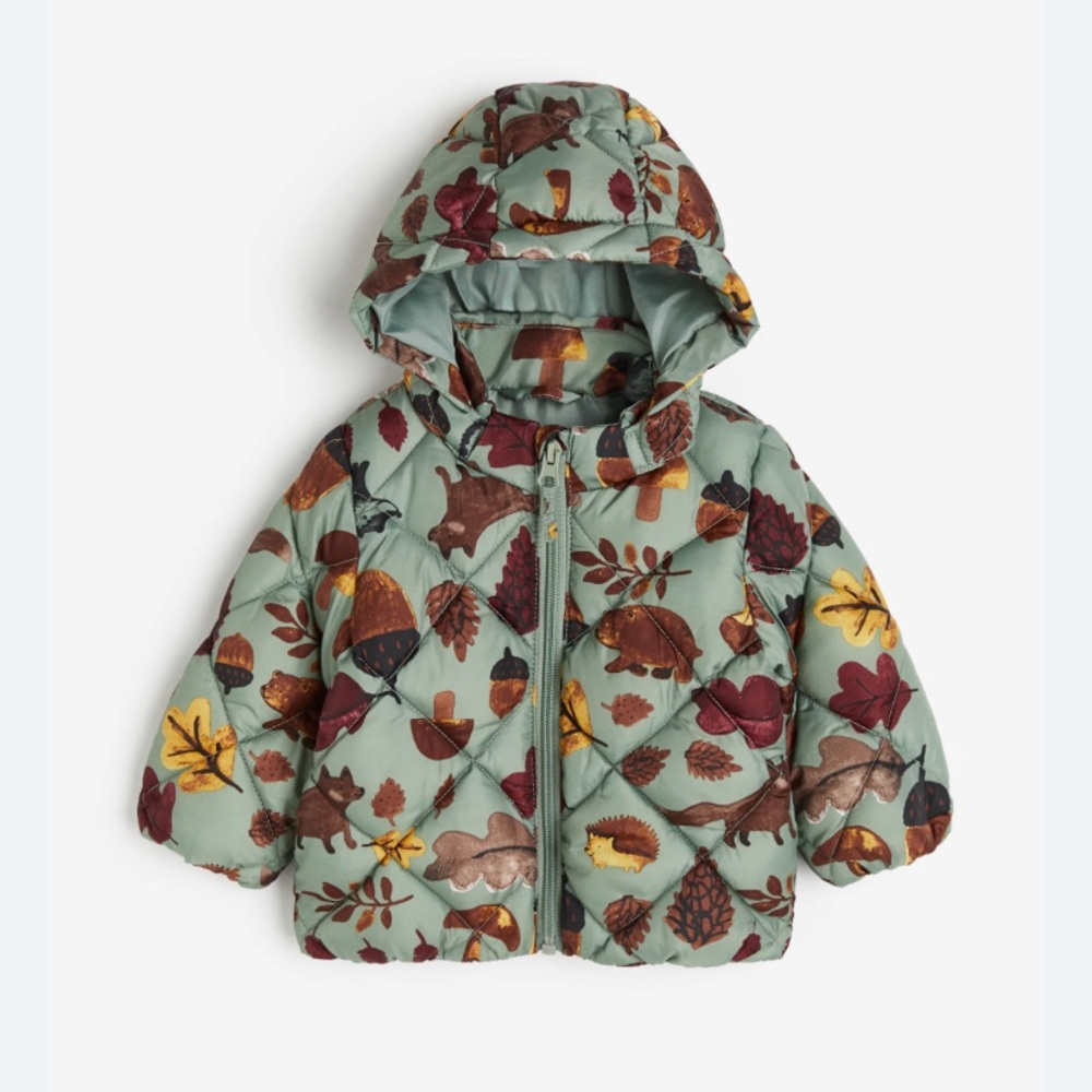 H&M Quilted puffer Jacket with Red and Orange fall Leaf Print